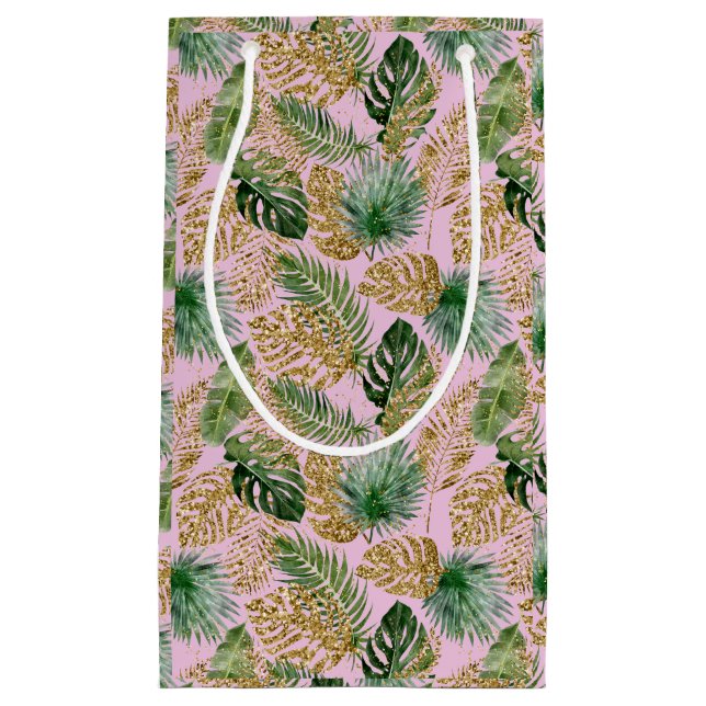 Sacola Para Presentes Pequena Palma tropical moderna deixa Dourada monstera (Frente)