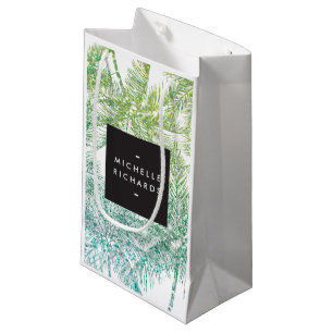 Sacola Para Presentes Pequena Palmas de Glitter Verde Tropical/Aqua Glitter Palm