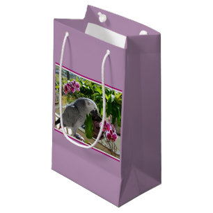 Sacola Para Presentes Pequena Papagaio-Cinza africano com orquídeas