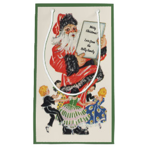 Sacola Para Presentes Pequena Papai Noel de Natal e Crianças Dançam Vintage