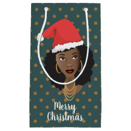 Sacola Para Presentes Pequena Papai Noel de Natal, Mulher Negra, Pontos Marrons,