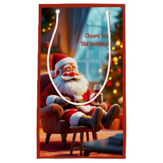 Sacola Para Presentes Pequena Papai Noel engraçado relaxando com vinho tinto