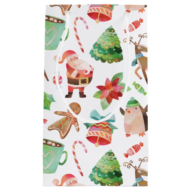 Sacola Para Presentes Pequena Papais noeis de Aquarela Saco de Presente de Natal (Frente)