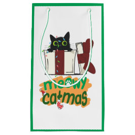 Sacola Para Presentes Pequena Papais noeis pretos Gato enredado em luzes de árvo