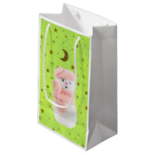 Sacola Para Presentes Pequena Papel verde abstrato com estrelas douradas, mulher