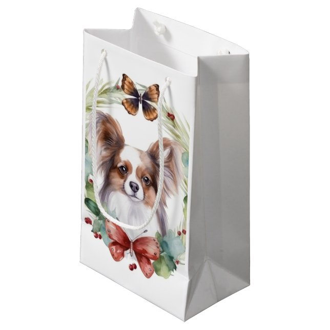 Sacola Para Presentes Pequena Papillon Christmas Wreath Festivo Pup (Frente inclinada)