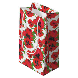 Sacola Para Presentes Pequena Papoilas orientais vermelhas florais no branco a
