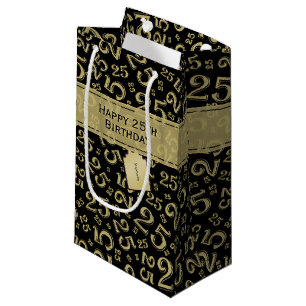 Sacola Para Presentes Pequena Parabéns 25 Aniversário Preto/Dourado Padrão Numér