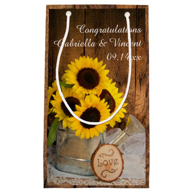 Sacola Para Presentes Pequena Parabéns de Casamento Rustic Sunflower Garden (Frente)