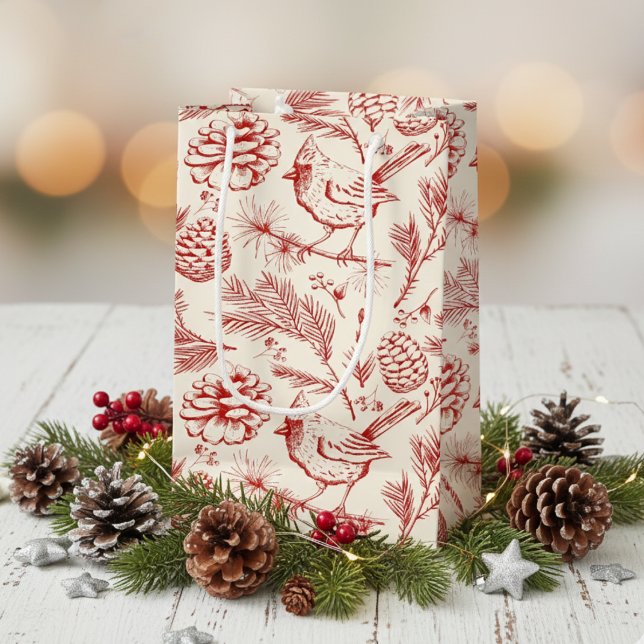 Sacola Para Presentes Pequena Pássaro Vermelho Elegante, Pinheiro e Berries de i (Elegant Winter Cardinal Bird Gift Bags. Festive Red Bird, Pinecones, Pine Greenery & Berries Pattern)