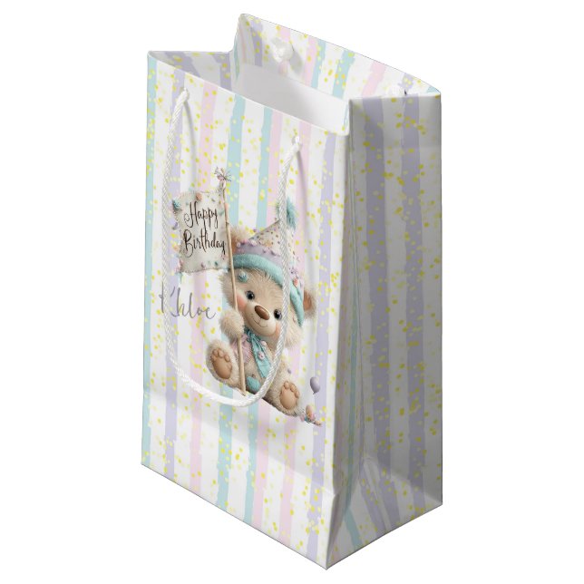 Sacola Para Presentes Pequena Pastel Teddy Bear Birthday  (Frente inclinada)