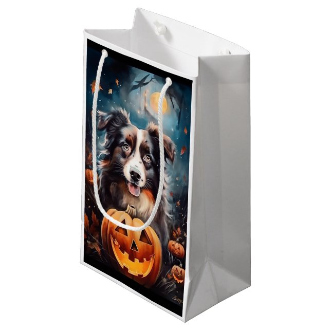 Sacola Para Presentes Pequena Pastor Australiano Halloween Com Pumpkins Assustad (Frente inclinada)