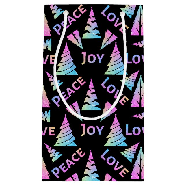 Sacola Para Presentes Pequena Paz Joy Amor Árvore de Natal (Frente)