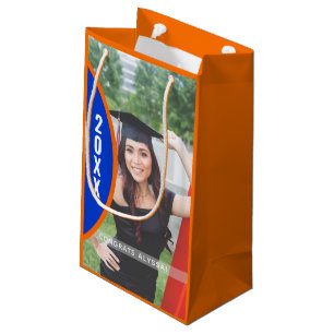 Sacola Para Presentes Pequena Personalização de Foto de Graduação Laranja e Azul