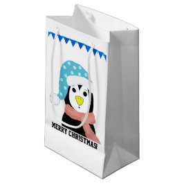 Sacola Para Presentes Pequena Pinguim com Chapéu e Cachecol de Feriado