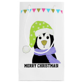 Sacola Para Presentes Pequena Pinguim com Chapéu e Cachecol de Férias