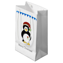 Sacola Para Presentes Pequena Pinguim com um Chapéu de Papai Noel