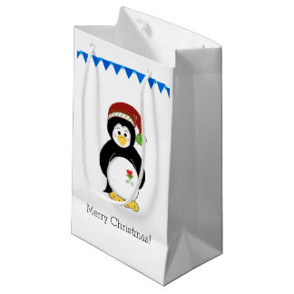 Sacola Para Presentes Pequena Pinguim com um Chapéu de Papai Noel