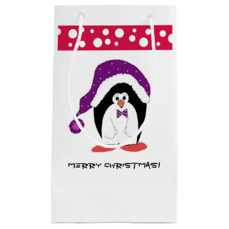 Sacola Para Presentes Pequena Pinguim com um Chapéu de Papai Noel