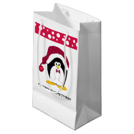 Sacola Para Presentes Pequena Pinguim com um Chapéu de Papai Noel