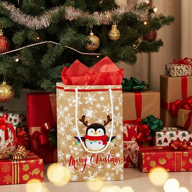 Sacola Para Presentes Pequena Pinguim de Natal com luzes no saco de papel (Criador carregado)