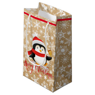 Sacola Para Presentes Pequena pinguim de Natal com sino em saco de papel olha