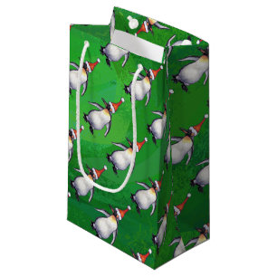 Sacola Para Presentes Pequena Pinguim em Santa Hat Padrão em Verde