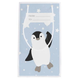 Sacola Para Presentes Pequena Pinguim flutuante e balão em neve