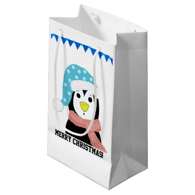 Sacola Para Presentes Pequena Pinguim no Holiday Hat e Scarf (Frente inclinada)