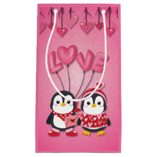 Sacola Para Presentes Pequena Pinguins de Dia de os namorados rosa-claro amam pá