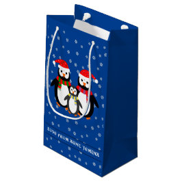 Sacola Para Presentes Pequena Pinguins de texto personalizado de Natal azul