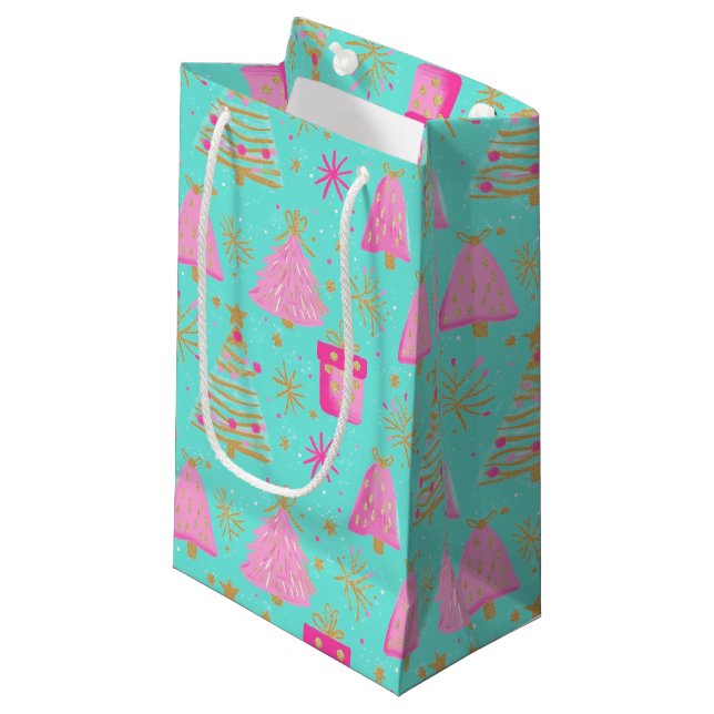 Sacola Para Presentes Pequena Pink and Aqua Festive Christmas  (Frente inclinada)