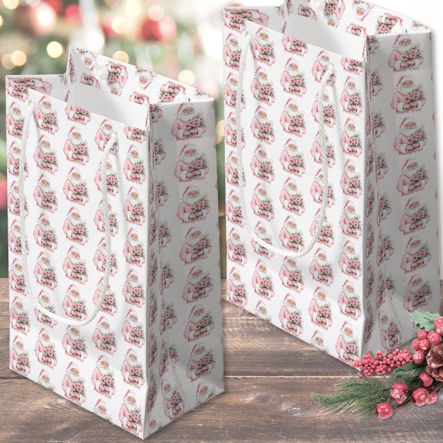Sacola Para Presentes Pequena Pink Christmas (Santa Claus Pink Christmas Small Gift Bag)