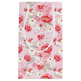 SACOLA PARA PRESENTES PEQUENA PINK FLORES E NAMORADOS AMANTES NOTAS