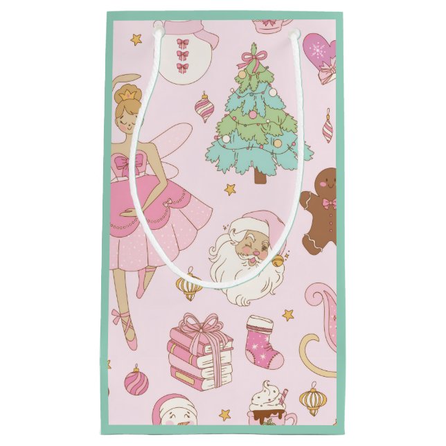 Sacola Para Presentes Pequena Pink Pastel Christmas Ballerina and Santa  (Frente)
