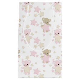 SACOLA PARA PRESENTES PEQUENA PINK & TAN TEDDY BEARARS E ESTRELAS