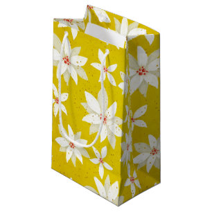 Sacola Para Presentes Pequena Poinsétias Brancas Acentos Vermelhos Amarelo Doura