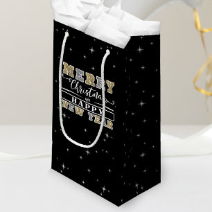 Sacola Para Presentes Pequena Prata Negra e Feliz ano novo de Natal Dourado
