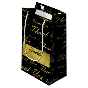 Sacola Para Presentes Pequena preto, ouro, prata, obrigado + você, flores, flora