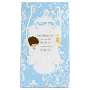 Sacola Para Presentes Pequena Primeira Comunhão Brunette Hair Boy Obrigado
