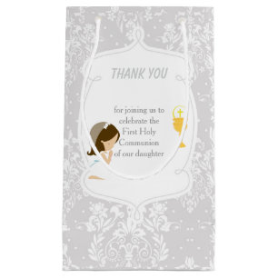 Sacola Para Presentes Pequena Primeira Comunhão Brunette Hair Girl Obrigado