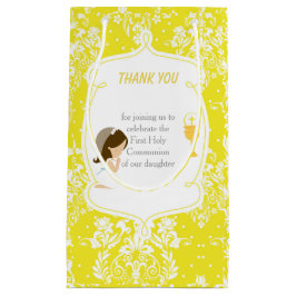 Sacola Para Presentes Pequena Primeira Comunhão Damask Brunette Girl Obrigado