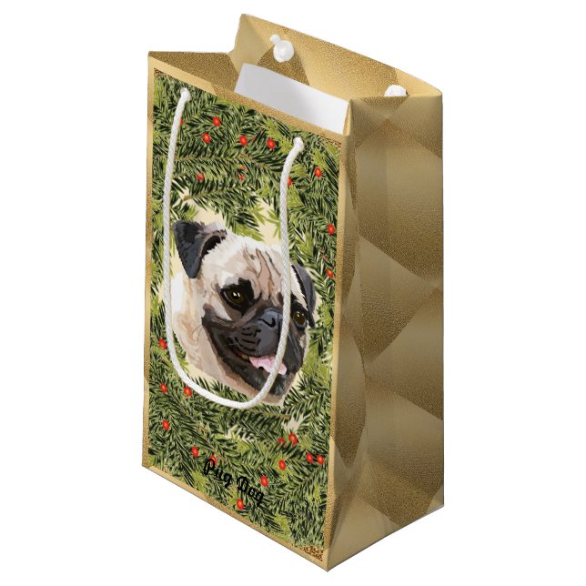 Sacola Para Presentes Pequena Pug Wreath (Frente inclinada)