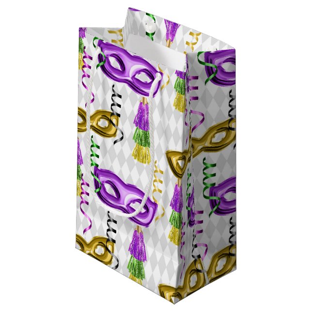 SACOLA PARA PRESENTES PEQUENA PURPLE GOLD GREEN MARDI GRAS MASKS (Frente inclinada)