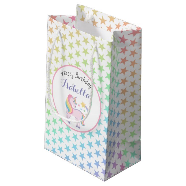 Sacola Para Presentes Pequena Rainbow Stars & Magical Unicorn Happy Birday (Verso inclinado)