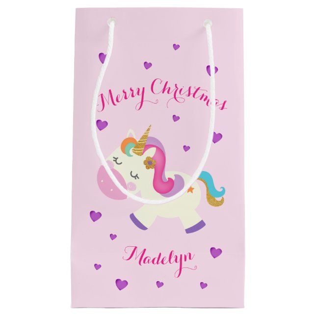 Sacola Para Presentes Pequena Rainbow Unicorn Natal Rosa (Frente)