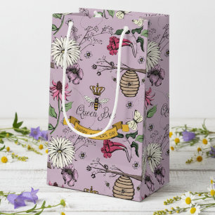 Sacola Para Presentes Pequena Rainha Abelha Floral Lilás, Colmeia & Flores
