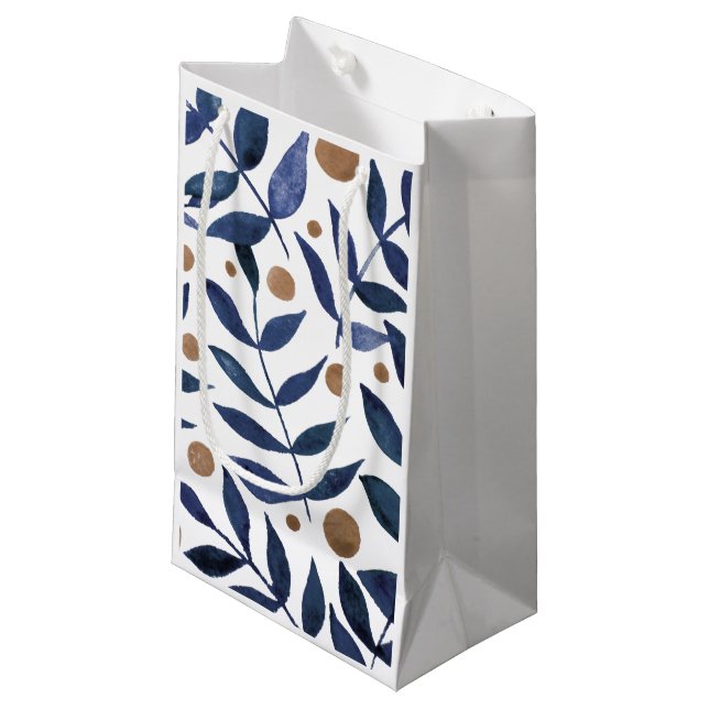 Sacola Para Presentes Pequena Ramais e bagas de aquarelas - índigo e bege (Frente inclinada)