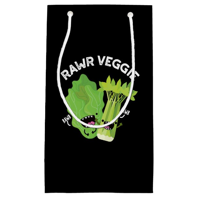 Sacola Para Presentes Pequena Rawr Veggie Funny Comida Pun Dark BG (Frente)
