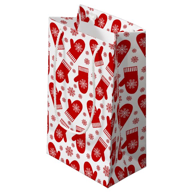 Sacola Para Presentes Pequena Red Snowflake Mittens Natal (Frente inclinada)